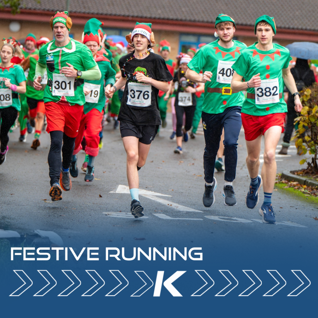 Image of men running wearing elf costumes with the tagline 'Festive Running' and the Kinisi Run-Hub logo
