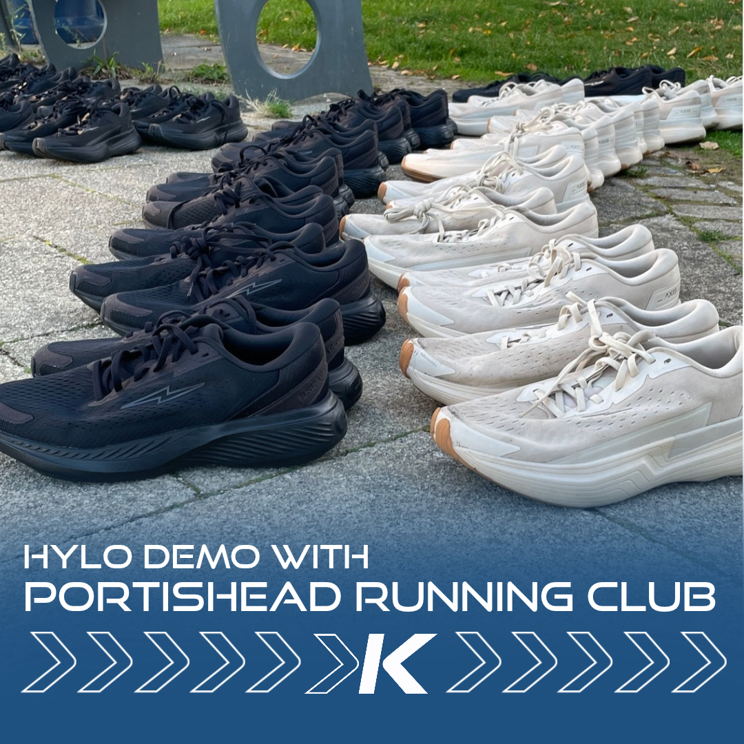 Rows of Hylo running shoes on the floor