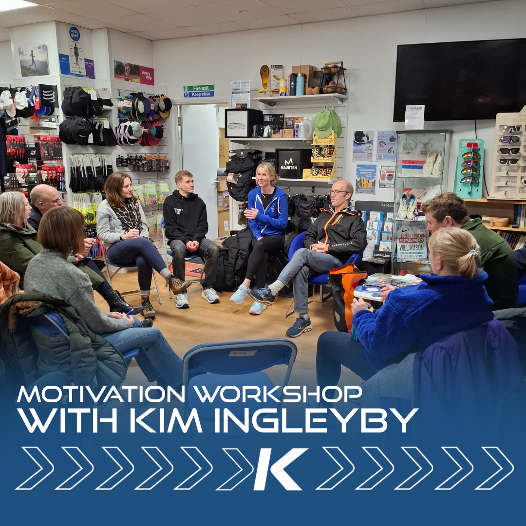 Image of a circle of people sat talking inside the shop at Kinisi Run Hub, with a text overlay reading 'motivation workshop with Kim Ingleyby
