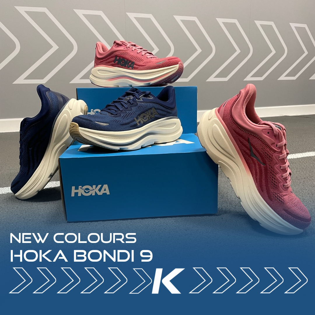 Image of two pairs of Hoka Bondi 9 running shoes - one in dark blue and one in rust red, with the text overlay 'new colours'