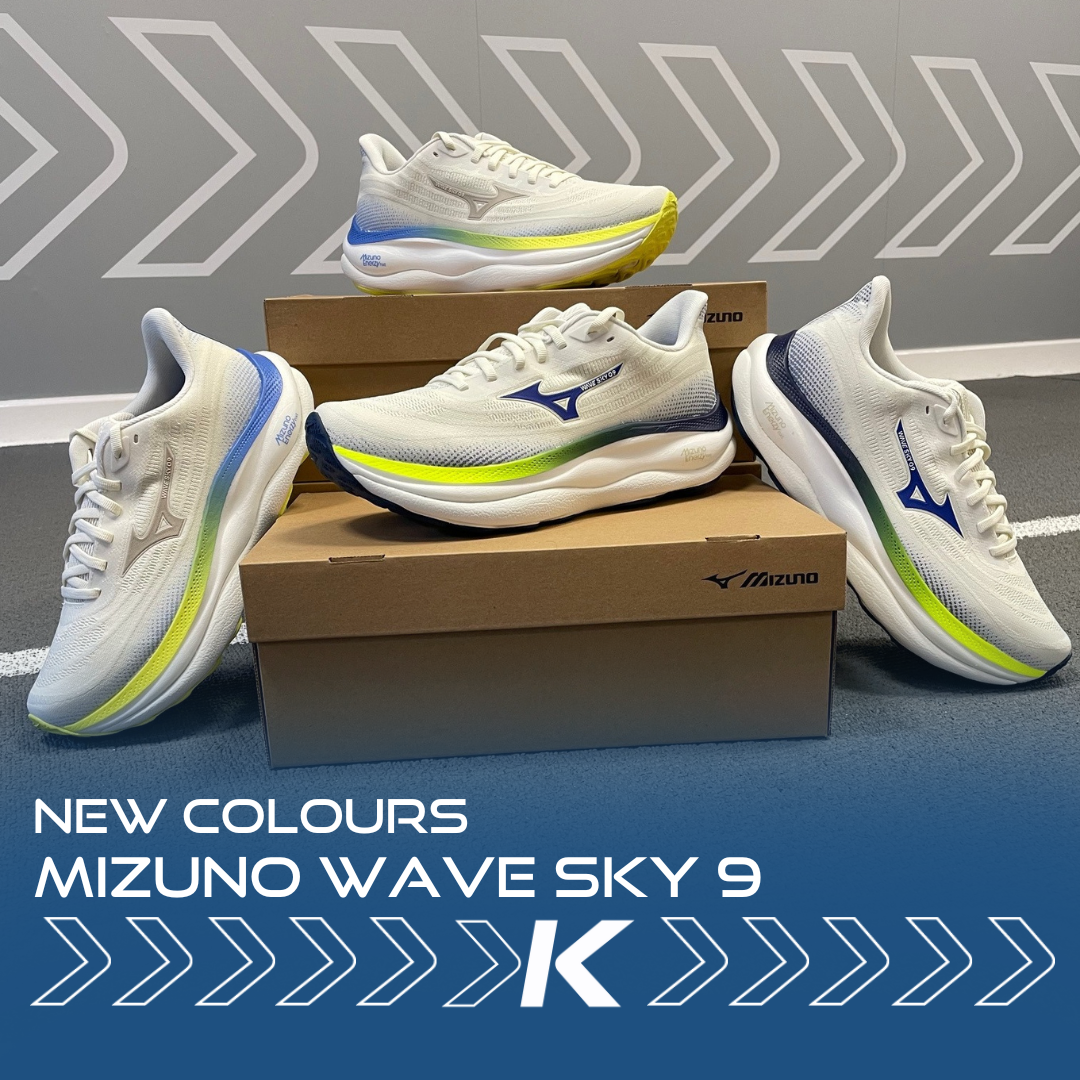 Two pairs of Mizuno Wave Sky 9 running shoes with the text overlay 'New colours'