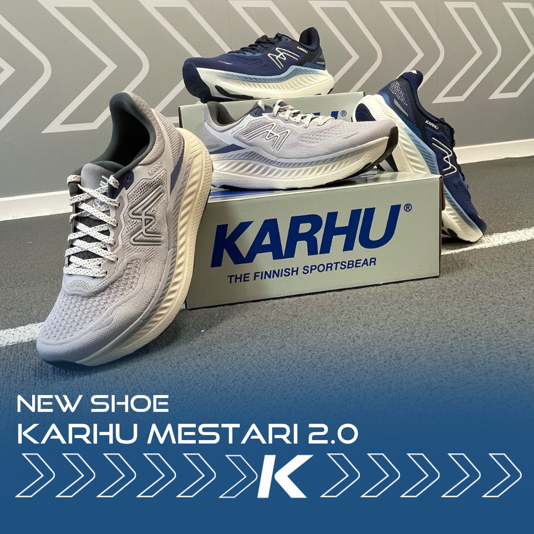 Image of a pair of Karhu Mestari 2.0 shoes with the text overlay 'new shoe'
