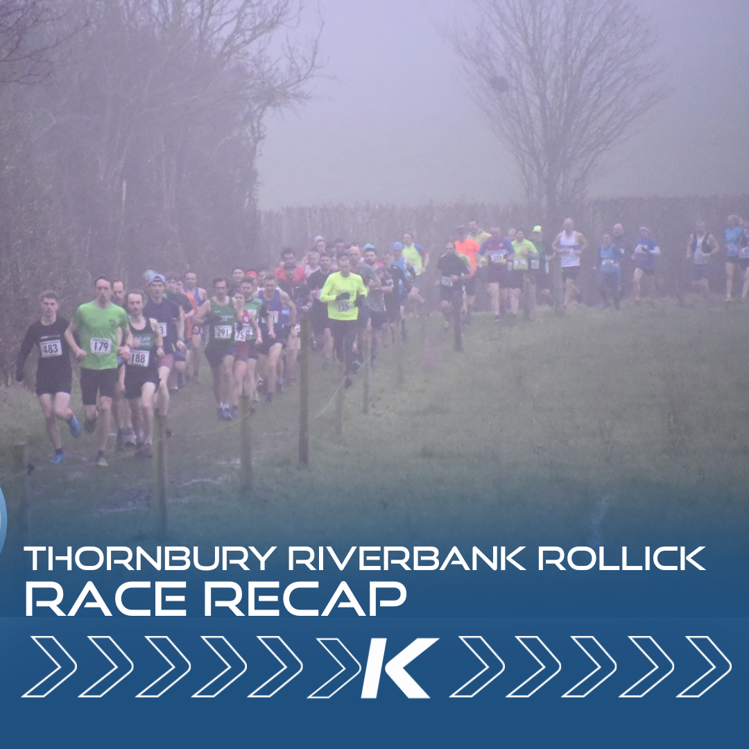 Photograph of a large group of runners running along a track in a foggy, grassy field with the text overlay 'Thornbury Riverbank Rollick Race Recap'