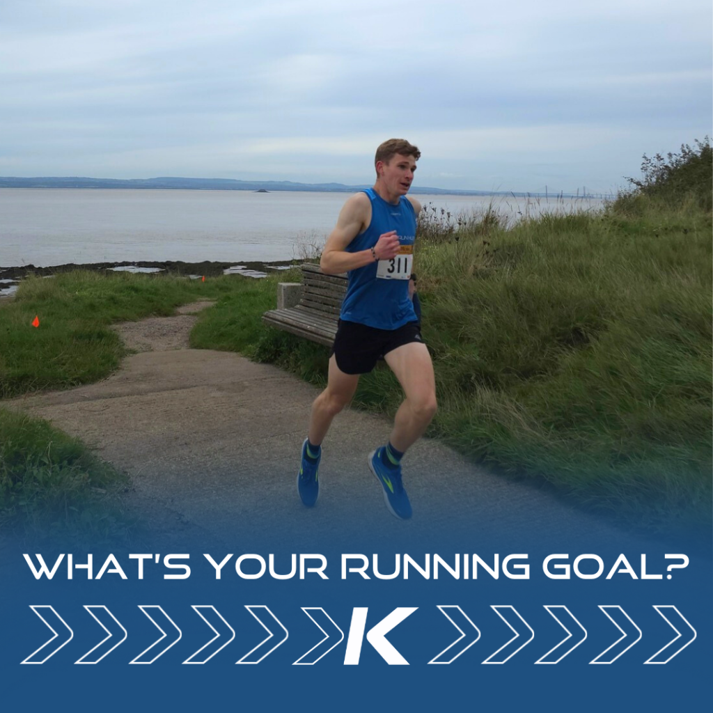 Image of a man running along a path with the text overlay 'what's your running goal?'