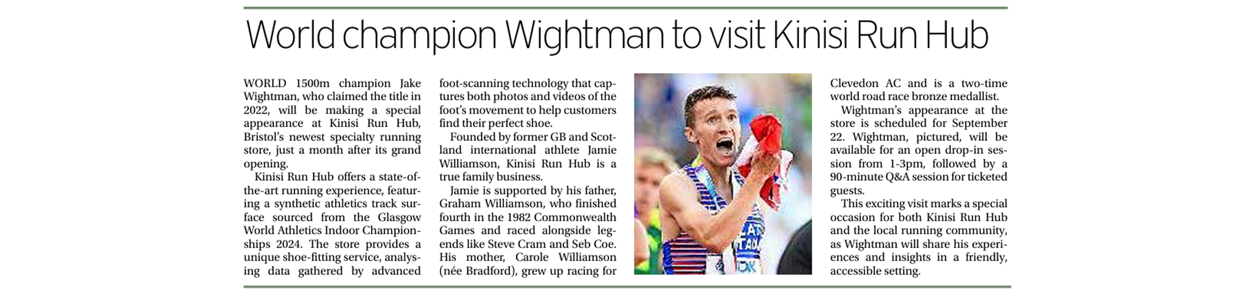 Newspaper article about World champion Wightman visiting Kininsi Run Hub with a picture of a person running.