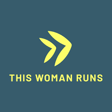 Logo with yellow arrow and 'This Woman Runs' text on a dark blue background