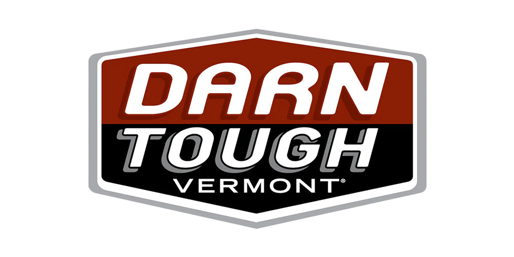 Darn Tough Vermont logo on a white background, featuring a shield-like emblem with a red top section, black bottom section, and white lettering.