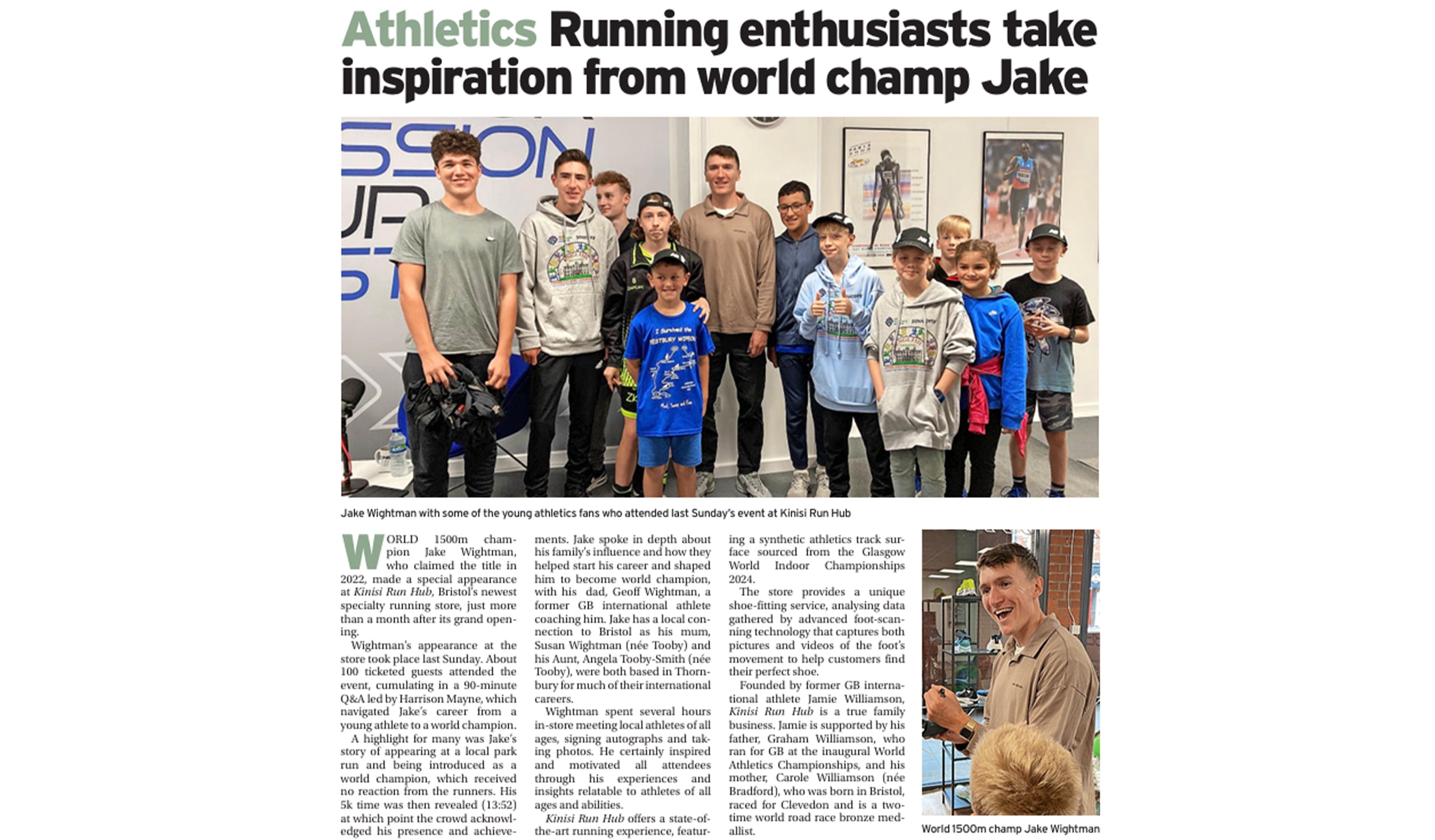 Newspaper article with a photo of athletes and text about running enthusiasts inspired by world champ Jake Wightman.