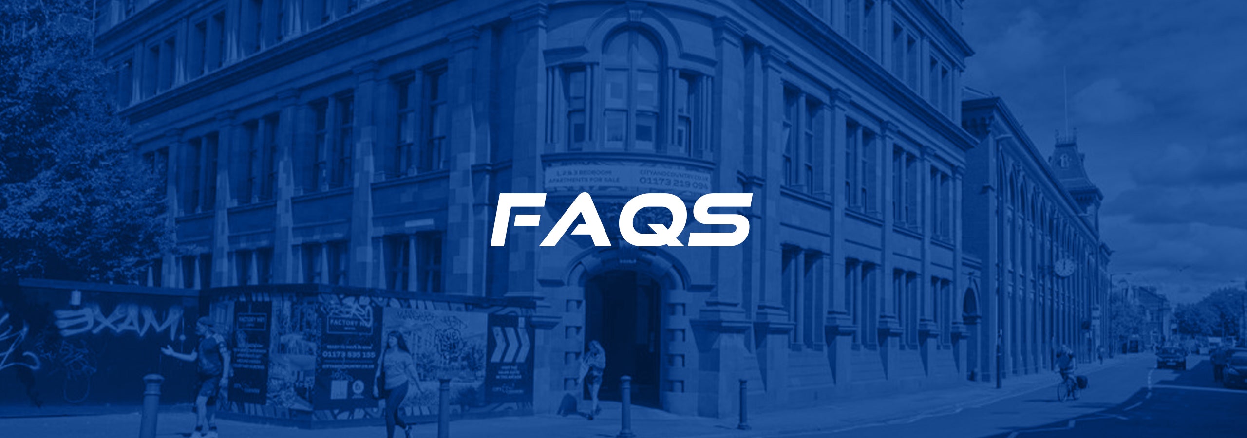 Photograph of the Kinisi Run Hub building in Bristol, with a blue overlay and the text 'FAQs'