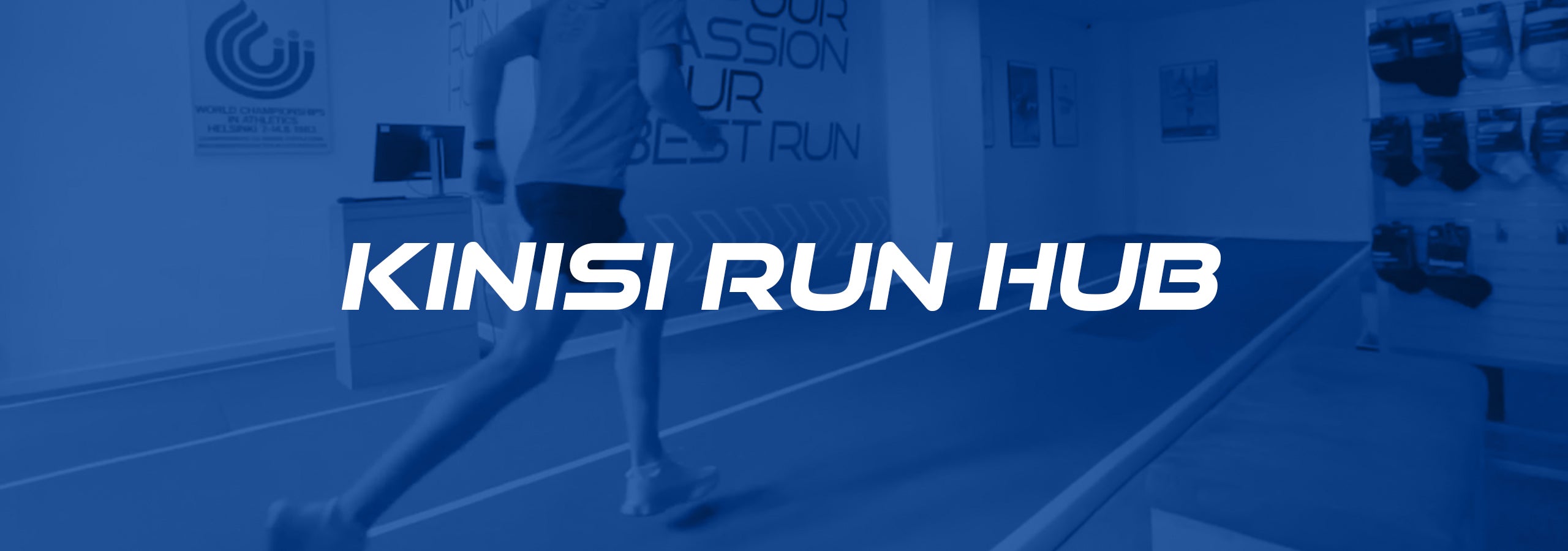 Image of a man running along the Kinisi Run Hub Movement Analysis track, with overlayed blue colour and the text 'Kinisi Run Hub'