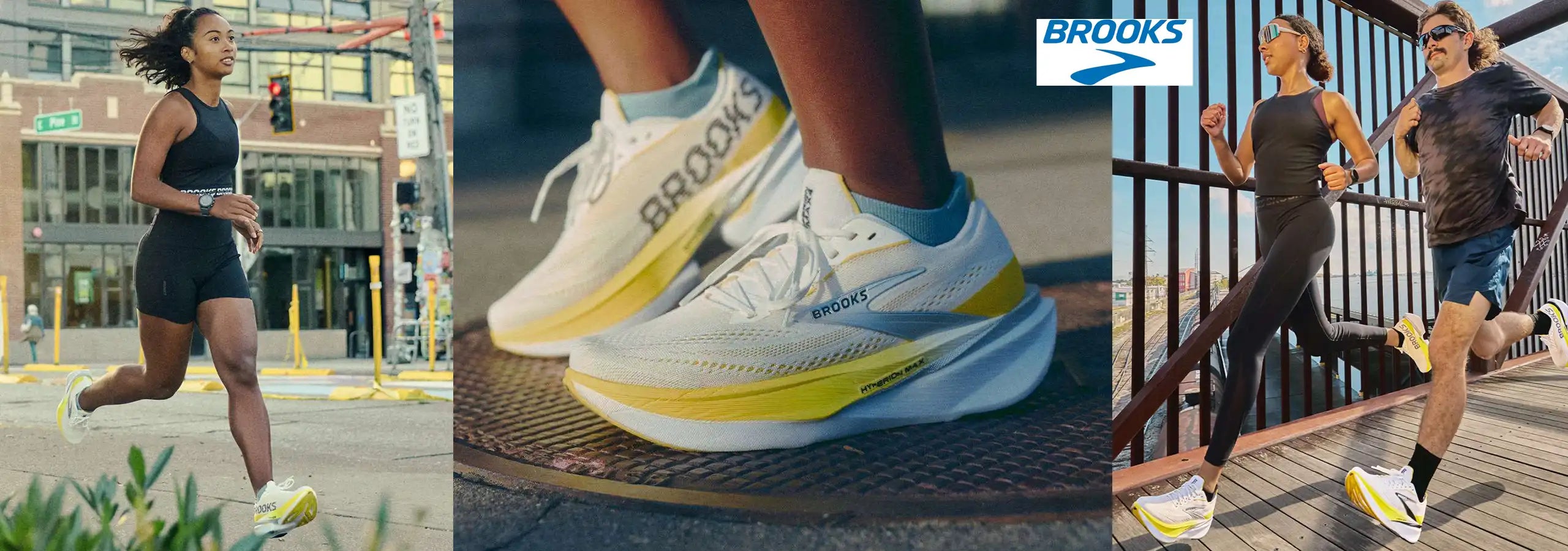 Collage of people running with a focus on Brooks running shoes.