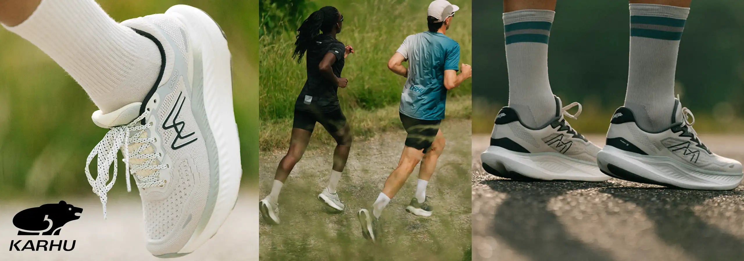 Close-up of white running shoes with black accents, followed by a person running outdoors, and then a close-up of the same shoes on a road.