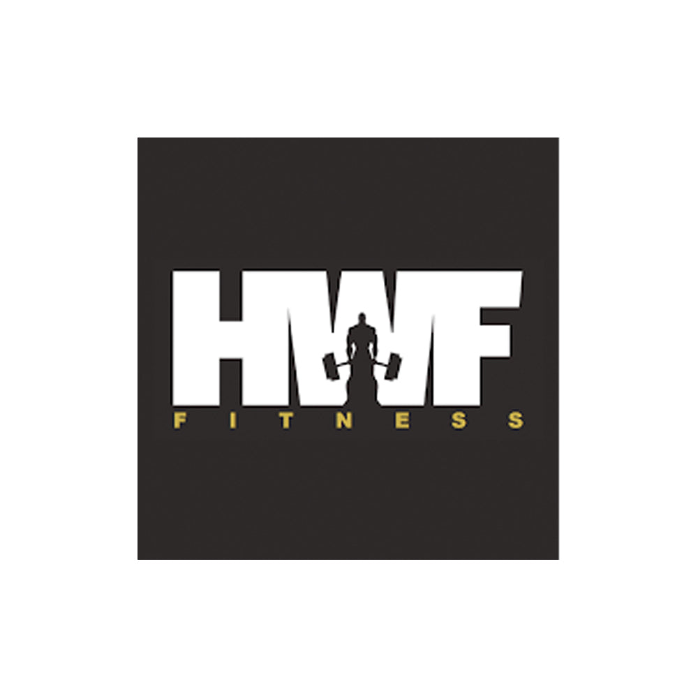 Logo of HWF Fitness with a silhouette of a person lifting weights on a black background