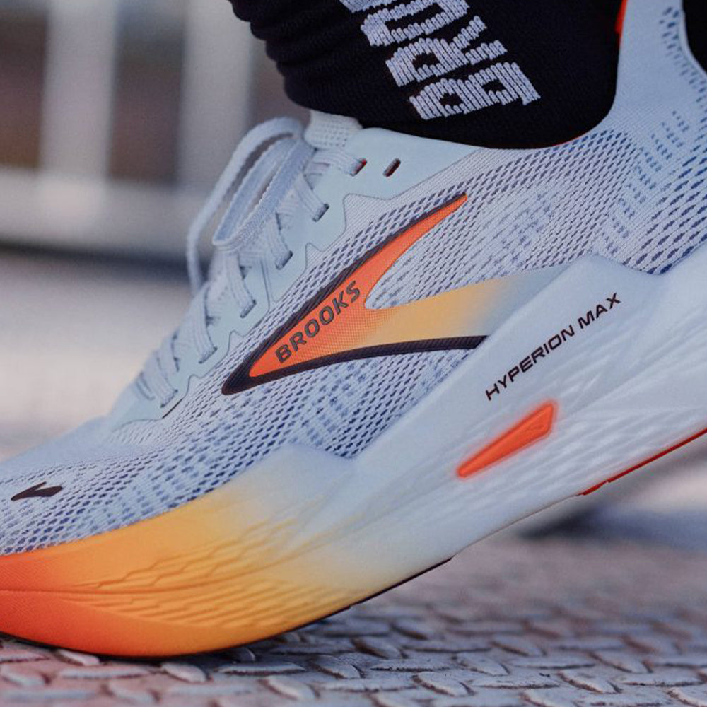 Close up image of a foot wearing Brooks Hyperion Max running trainers
