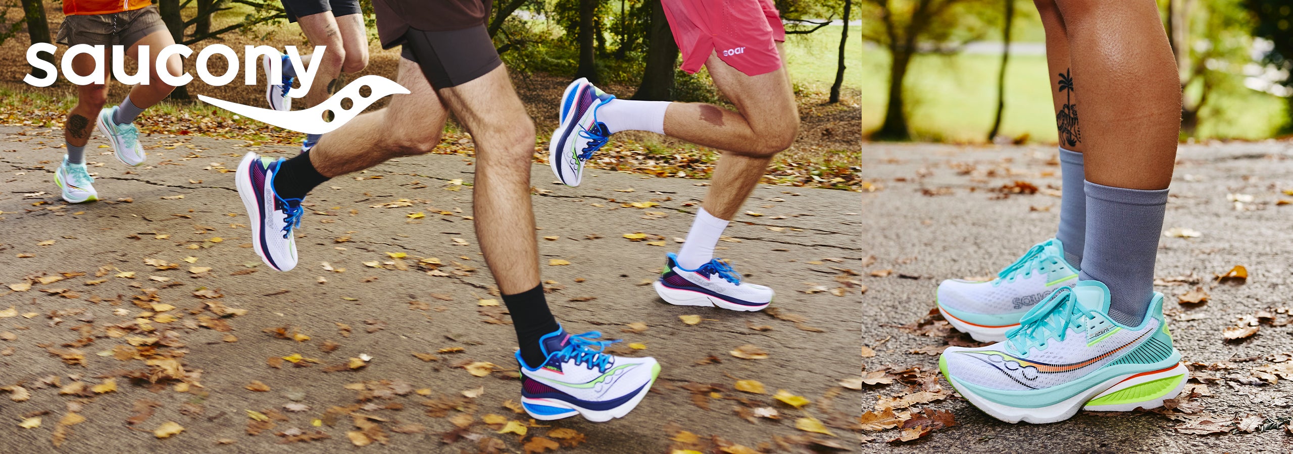 Two images of runners feet wearing Saucony Endorphin Azura running shoes, overlayed with the Saucony logo