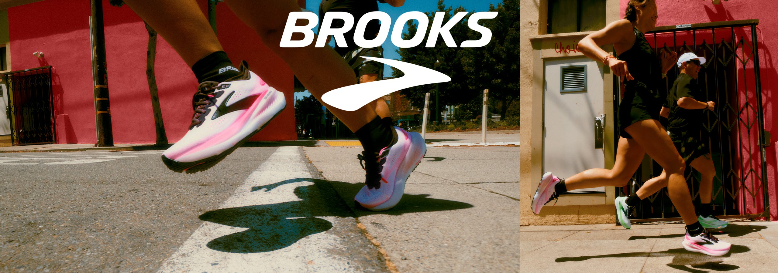 Photograph of some feet wearing pink and white Brooks Glycerin 23 on a road surface, alongside a man and woman running in pink and green Brooks Glycerin 23