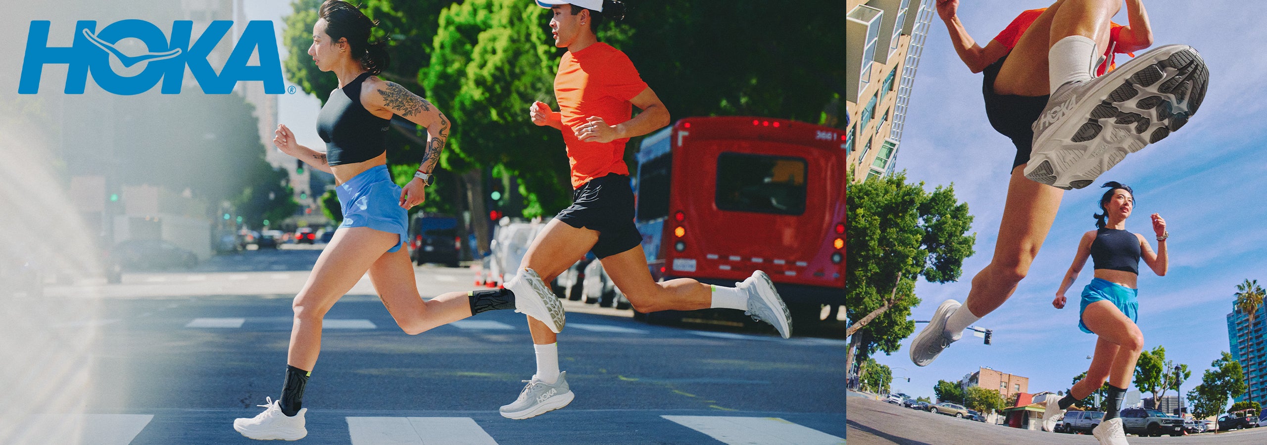 Photograph of a man and woman running on a street in Hoka Clifton 10 running shoes, with the Hoka logo