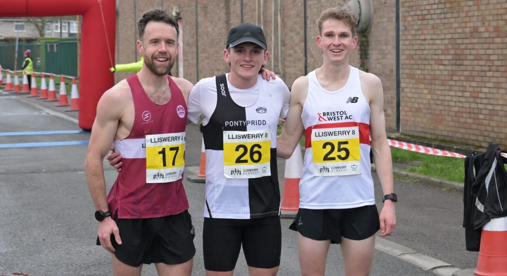 The men's podium of the Lliswerry 8 2026 was Adam Bull (Pontypridd Roadents AC) in 41:10 followed by Alastair Cambell (Lliswerry Runners) in 41:23 and Jamie Williamson (Bristol & West AC) in 41:39.